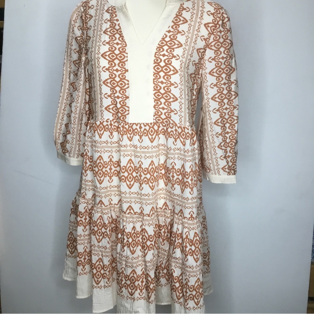 Fig & Flower S Beige Rust Boho Print Tiered Tunic Dress Anthropology Loose NWT